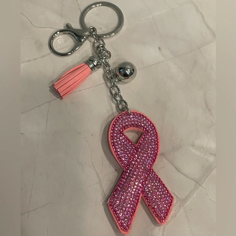Pink Ribbon Rhinestone Keychain Bag Charm with Tassel